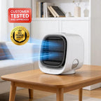 Mistly Mini personal air cooler on a coffee table blowing cool air