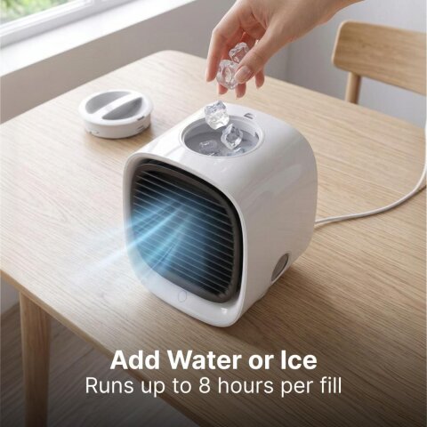 Add water or ice — runs up to 8 hours per fill